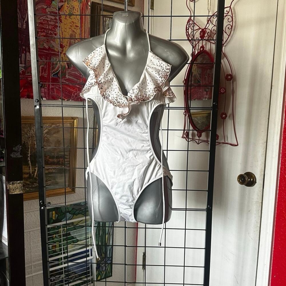 victoria secret white pink sequin one piece swimsuit